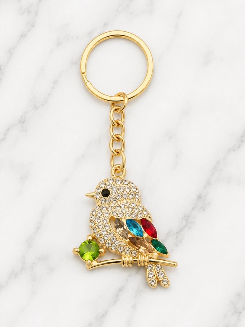 Gold Tine Multicolor Rhinestone Bird Keyring-